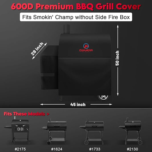 Comnova Grill Cover for Char Griller Smokin' Champ without Side Fire Box - 600D Waterproof Grill Cover Fits Smokin Champ 1624, Offset Smoker 1733, Blazer 2130, Classic 2175 Model - 45"L x 29"W x 50"H