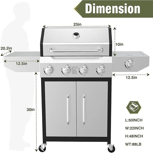 BESTFIRE 60,000 BTU 4+1 Burner Propane Gas Grill - 647 sq. inches Stainless Steel Outdoor BBQ with Porcelain-Enameled Cast Iron Grates, Side Burner & Storage Cabinet for Patio and Backyard Cooking