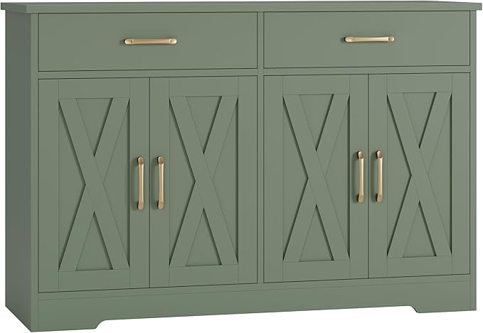 HOSTACK Buffet Cabinet with Storage, 47.2" Kitchen Sideboard Buffet with Drawers, Modern Farmhouse Coffee Bar Station with Shelves, Barn Doors Storage Cabinet for Living Room, Green
