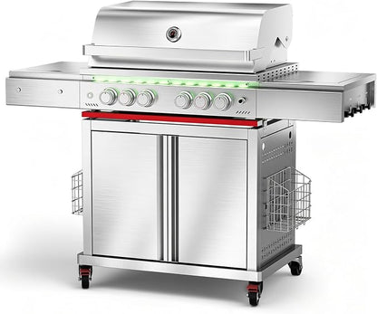 Electactic Heavy-duty Propane Gas Grill, SUS304 Stainless Steel 6-Burner BBQ Grill with 4 Main Burners, 1 Infrared Rear Burner, 1 Side Burner and LED Lights, High Performance Outdoor Grilling