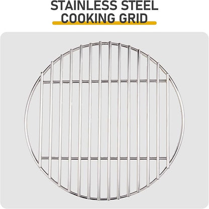 13" Grill with Built-in Thermometer, Cast Iron Grates, Bamboo handle, Portable Ceramic Grill with Low Stand for Backyard, Patio, Deck grilling (Red)