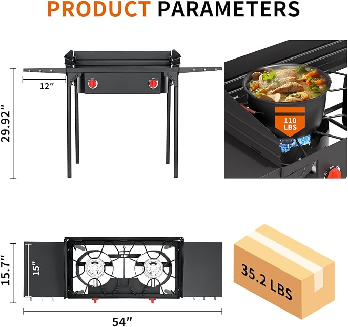 SKOK 2 Burners Camping Propane Stove with Wind Panel&Side Shelves, Portable Gas Stove, Outdoor Stove for Camping, Backyard, Picnic