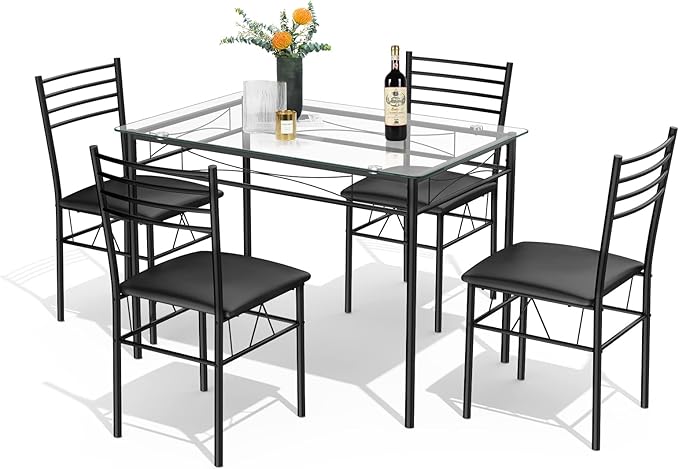 Tangkula Dining Table Set, 5 Pieces Dining Set with Tempered Glass Top Table and 4 Chairs, Kitchen Dining Room Furniture, Black
