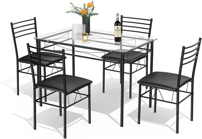 Tangkula Dining Table Set, 5 Pieces Dining Set with Tempered Glass Top Table and 4 Chairs, Kitchen Dining Room Furniture, Black