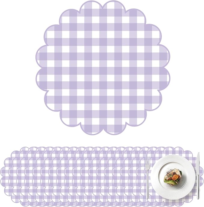 100 Pcs Checkered Paper Placemats Purple Gingham Place Mats 13.5 Inch Disposable Round Decorative Dining Table Mat with Scalloped Edge Paper Cutouts Decor for Wedding Baby Shower Party Supplies