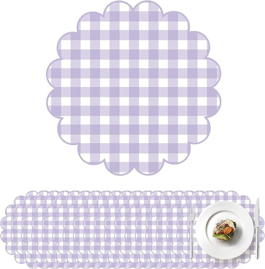 100 Pcs Checkered Paper Placemats Purple Gingham Place Mats 13.5 Inch Disposable Round Decorative Dining Table Mat with Scalloped Edge Paper Cutouts Decor for Wedding Baby Shower Party Supplies