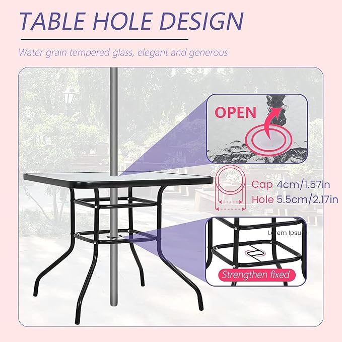 FDW | 34" Outdoor Patio Table with Tempered Glass | Square Coffee Table | with Round Edges, Umbrella Hole | 176 Max Load | Easy to Clean and Assemble | For Homes, Porch, Cafes, Poolside, Beach