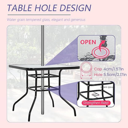 FDW | 34" Outdoor Patio Table with Tempered Glass | Square Coffee Table | with Round Edges, Umbrella Hole | 176 Max Load | Easy to Clean and Assemble | For Homes, Porch, Cafes, Poolside, Beach