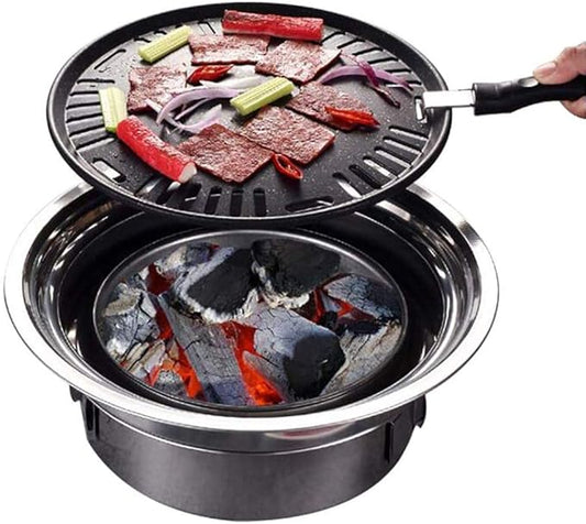 Stainless Steel Korean-Style Charcoal Grill, Round Non-Stick Grill, Outdoor Camping Portable Charcoal Stove, Portable Camping Grill, Desktop Smoker