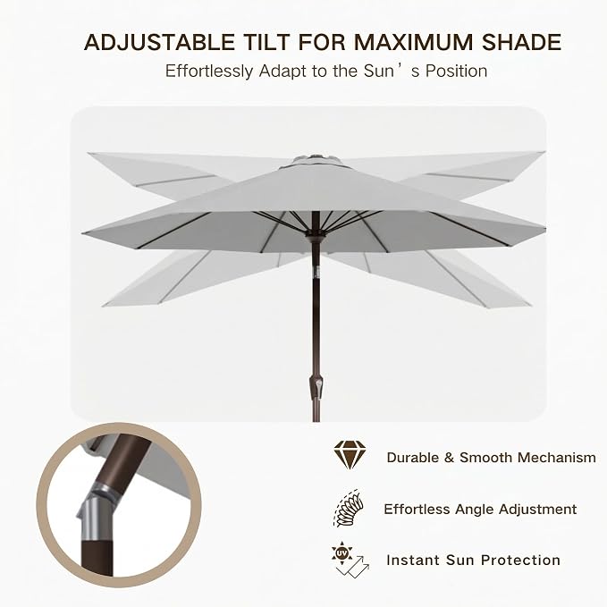 Kingdura 10FT Outdoor Patio Umbrella, Round Market Table Umbrella with Push‑Button Tilt and Crank Lift, 8 Sturdy Metal Ribs, UV50+ Protection Canopy for Backyard, Lawn, Deck, Poolside, Garden (Light grey)