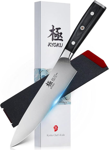 KYOKU 8" Chef Knife, Samurai Series Meat Cutting Knife with Pakkawood Handle & Mosaic Pin, Japanese Style High Carbon Steel Knives, Full Tang knives for Vegetable Fruit with Sheath and Case