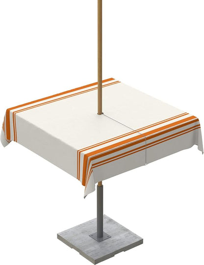 QueenKer Fall Outdoor Tablecloth with Umbrella Hole, Farmhouse Orange Stripe Square Tables Zippered Table Cloth Waterproof Tabletop Table Cover Collection for Patio, Garden, Picnic, Camping, Dining