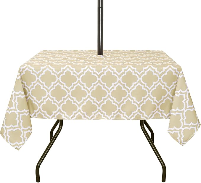 Poise3EHome Square Outdoor Tablecloth with Umbrella Hole and Zipper,Khaki 60x60 Inch,Polyester SpillProof Washable Table Cloth for Spring Summer Patio Garden Poolside Picnic Camping BBQS