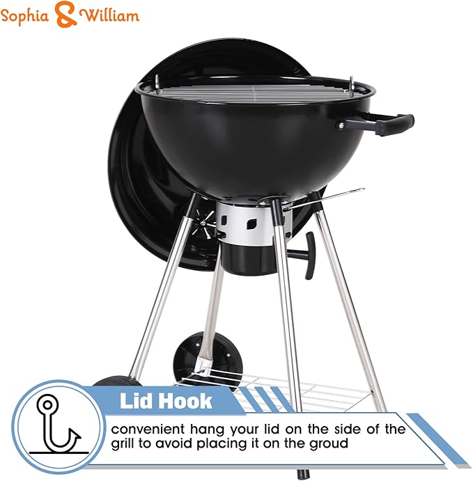 Sophia & William 18-inch Kettle Charcoal BBQ Grill with Porcelain-Enameled Lid and Bowl, Chromeplated Grate, Ash Catcher for Outdoor Picnic BBQ Patio Camping, Black