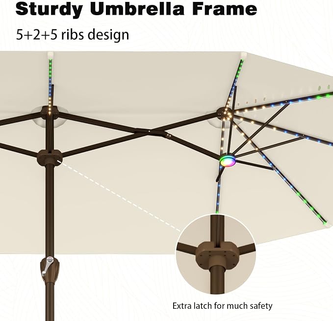 AreShark 15FT Large Rectangular Patio Umbrella with Solar Lights, Off-White | Rectangle Lighted Outdoor Umbrella with Crank, Double-Sided Market Umbrella with Base for Porch, Lawn, Pool, Backyard