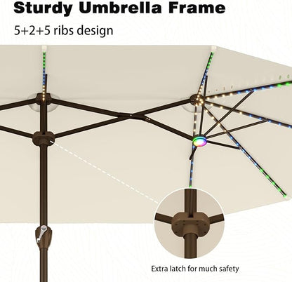 AreShark 15FT Large Rectangular Patio Umbrella with Solar Lights, Off-White | Rectangle Lighted Outdoor Umbrella with Crank, Double-Sided Market Umbrella with Base for Porch, Lawn, Pool, Backyard