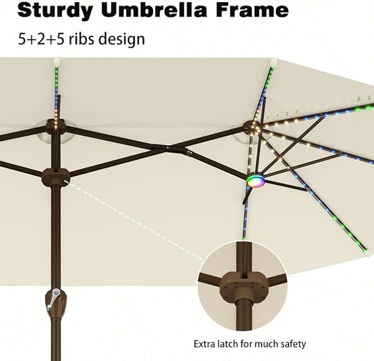 AreShark 15FT Large Rectangular Patio Umbrella with Solar Lights, Off-White | Rectangle Lighted Outdoor Umbrella with Crank, Double-Sided Market Umbrella with Base for Porch, Lawn, Pool, Backyard