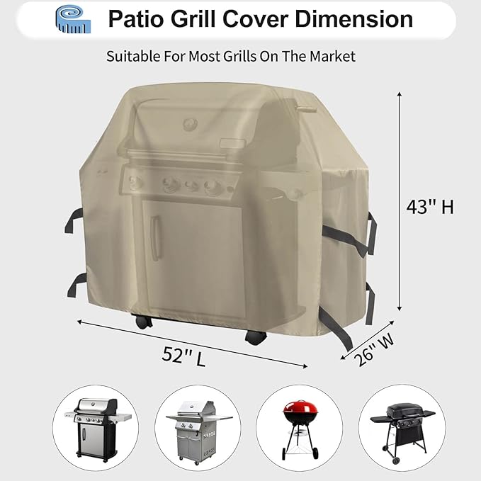 OutdoorLines Waterproof Heavy Duty BBQ Grill Cover - Universal Barbecue Grill Covers UV Resistant Barbeque Gas Grill Cover for Outdoor Outside Grill, 52L x 26W x 43H Inch, Camel
