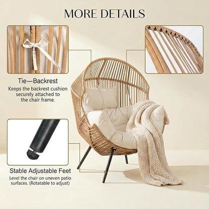 Oversized Outdoor Wicker Egg Chair, Patio Lounge Chair Basket Seat with Thick Cushion, All Weather Indoor Outdoor Porch Rockers for Balcony, Living Room, Lawn Garden