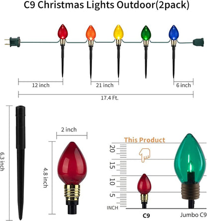 2 Pack C9 Christmas Pathway Lights Outdoor, Total 34.8Ft 20 LED Stake Light | Connectable C9 Pathway Lights, Waterproof Christmas Lights Outdoor for Walkway Yard Lawn Ground Sidewalk Driveway Decorations