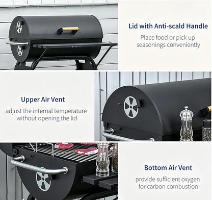 Portable Charcoal Grill with Foldable Side Shelf & Bottom Shelf, BBQ Smoker with Wheels and Adjustable Lid Vents for Picnic, Camping, Backyard Cooking (32.25" x 30" x 40.5")