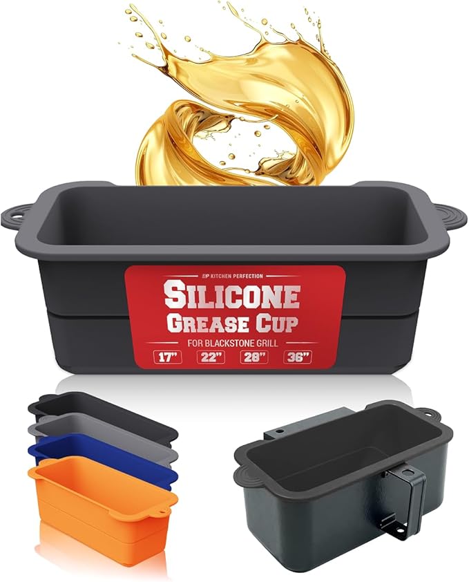 Kitchen perfection 2 Reusable Silicone Grease Cup Liners for Blackstone Griddle Grill - Fits 36 28 22 17 - Drip Catcher Tray Pans - A Must Have Blackstone Accessories for Easy Cleaning