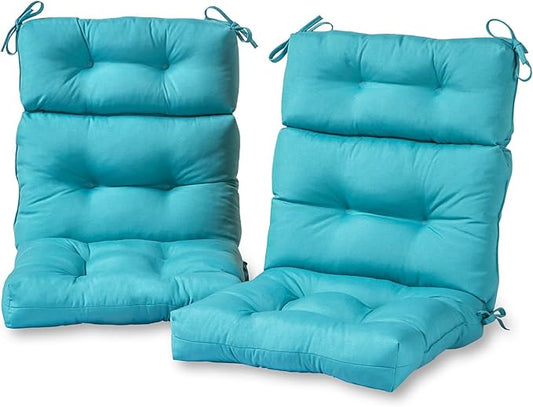 Outdoor Tufted High-Back Chair Cushions, One-Piece Hinged Seat and Back Design, Reversible with 4 Ties, Durable Polyester Fabric, Recycled Fiber Fill - Set of 2, Teal