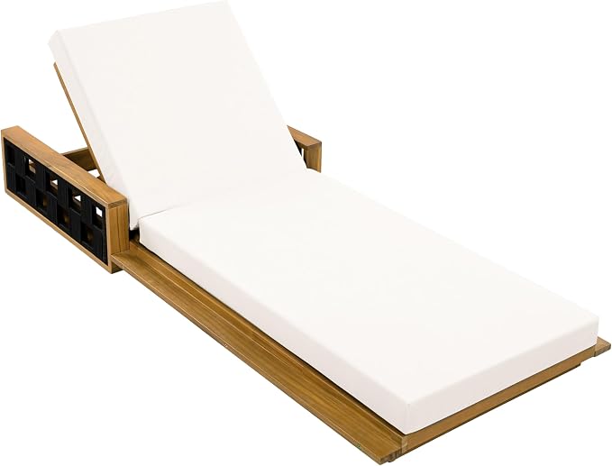 Merax Outdoor Chaise Lounge Set of 2, Acacia Wood Patio Reclining Chairs with 4-Position Adjustable Backrest, 2-Piece Sunbathing Recliner & 4" Thick Double-fold Cushion for Poolside, Garden, Beige