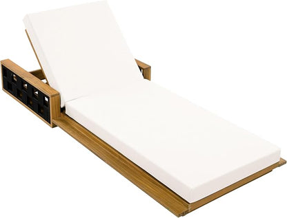 Merax Outdoor Chaise Lounge Set of 2, Acacia Wood Patio Reclining Chairs with 4-Position Adjustable Backrest, 2-Piece Sunbathing Recliner & 4" Thick Double-fold Cushion for Poolside, Garden, Beige