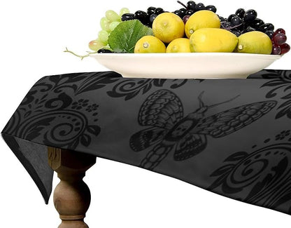 Black Damask Tablecloth Gothic Vintage Floral Skull Exotic Moth Antique Table Cloth Water Resistant Wipeable Table Cover for Farmhouse Party Holiday Kitchen Dinner Table 60x120