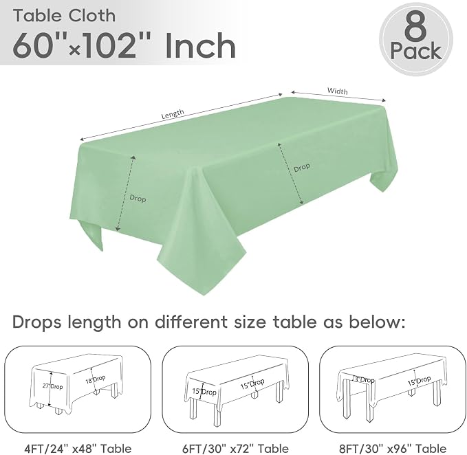 8 Pack Light Green Tablecloth 60 x 102 Inch Rectangular Table Cloth | For 6 Foot Rectangle Tables, Wrinkle Resistant, Washable Polyester Fabric, For Wedding Party Banquet Buffet and Camping