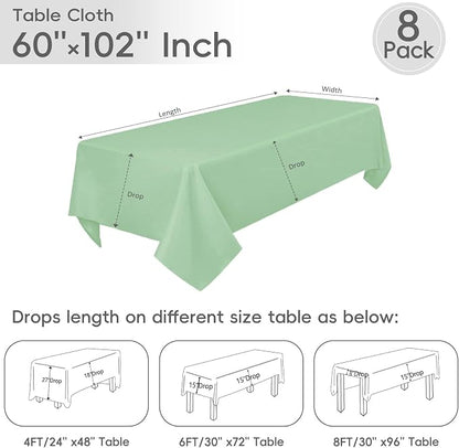 8 Pack Light Green Tablecloth 60 x 102 Inch Rectangular Table Cloth | For 6 Foot Rectangle Tables, Wrinkle Resistant, Washable Polyester Fabric, For Wedding Party Banquet Buffet and Camping
