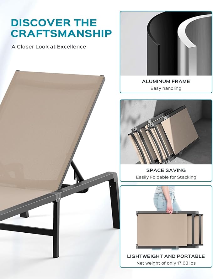 Ciokea Aluminum Foldable Lounge Chairs Set of 2 with 1 Outdoor Aluminum Side Table ，Perfect Match ，Suitable for Courtyard, Balcony, Lawn and Other Scenes，Khaki