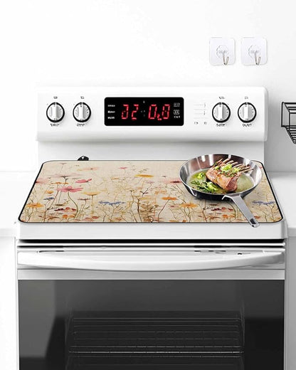 Stove Top Covers for Electric Stove 36x21 Inches, Botanical Flower HeatResistant Glass Cooktop Protector, Retro Colorful Spring Vintage Floral Ceramic Stovetop Countertop Covers Mat, Oven Cover