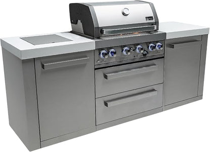 Mont Alpi Premium 82"W x 23"D x 46"H Stainless Steel Modular Outdoor Kitchen Island with Infrared Side Burner + 32"W 4-Burner BBQ Gas Grill + White Granite Countertops + Storage Cabinets + Drawers