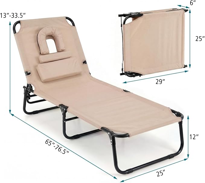GYMAX Beach Lounge Chair, Sunbathing Chair Patio Lounge Chair Folding Adjustable Recliner with Hole for Face (1, Sand)
