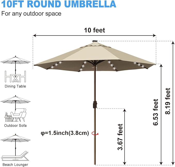 Eurmax USA 10-Year-Non-Fading 10FT Outdoor Patio Market Umbrella with LED Lights,UPF50+ UV Resistant,Heavy Duty Commercial Grade,Crank Lift Design,Windproof Vented Top for Garden,Pool,Deck,Antique Beige