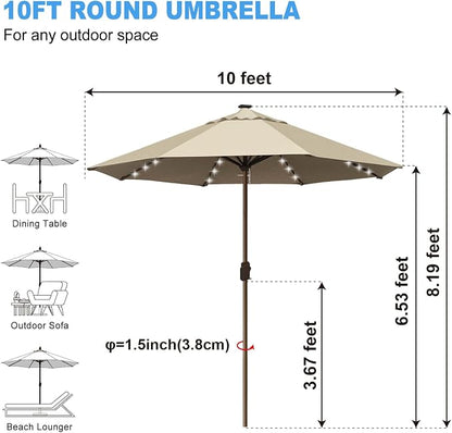 Eurmax USA 10-Year-Non-Fading 10FT Outdoor Patio Market Umbrella with LED Lights,UPF50+ UV Resistant,Heavy Duty Commercial Grade,Crank Lift Design,Windproof Vented Top for Garden,Pool,Deck,Antique Beige