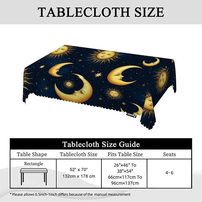 Swono Sun and Moon Table Cloth Gold Galaxy Sun Moon Rectangle Tablecloth Picnic Table Cover BBQ Table Cloths Polyester for Kitchen 50x72 Inch