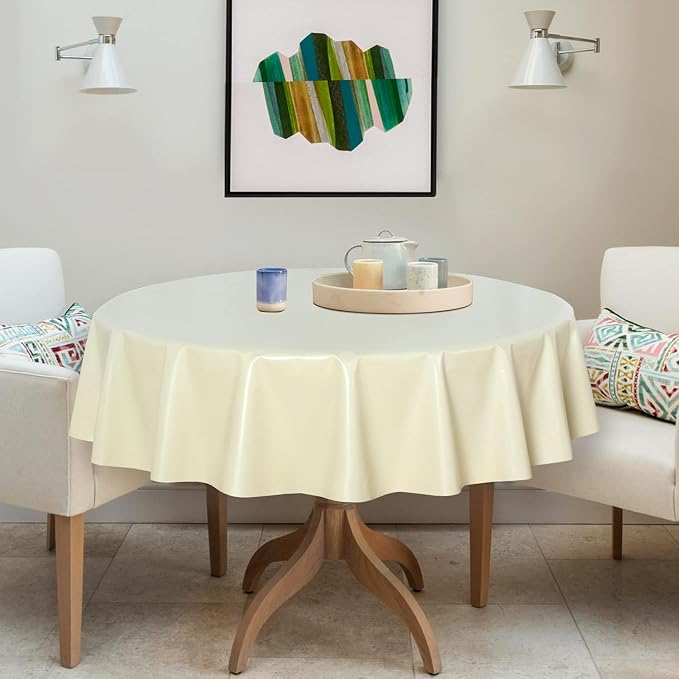 sancua 100% Waterproof Vinyl Tablecloth Table Cloth 60 Inch Round, Beige | Oil Spill Proof, PVC Material, Wipe Clean Table Cover for Dining Tables, Buffet Parties and Camping