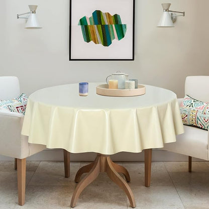 sancua 100% Waterproof Vinyl Tablecloth Table Cloth 60 Inch Round, Beige | Oil Spill Proof, PVC Material, Wipe Clean Table Cover for Dining Tables, Buffet Parties and Camping