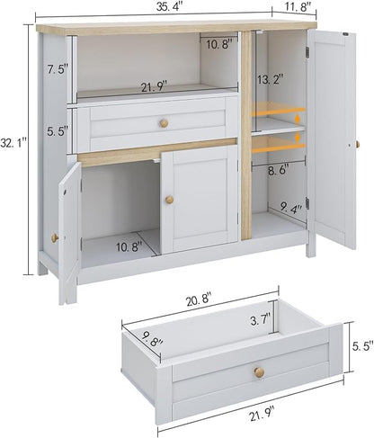 Viaozutis Coffee Bar Cabinet with Doors and Drawer, 35.4" Kitchen Storage Cabinet with Adjustable Shelf, Freestanding Buffet Sideboard for Dining Room, Bathroom, Entryway, White