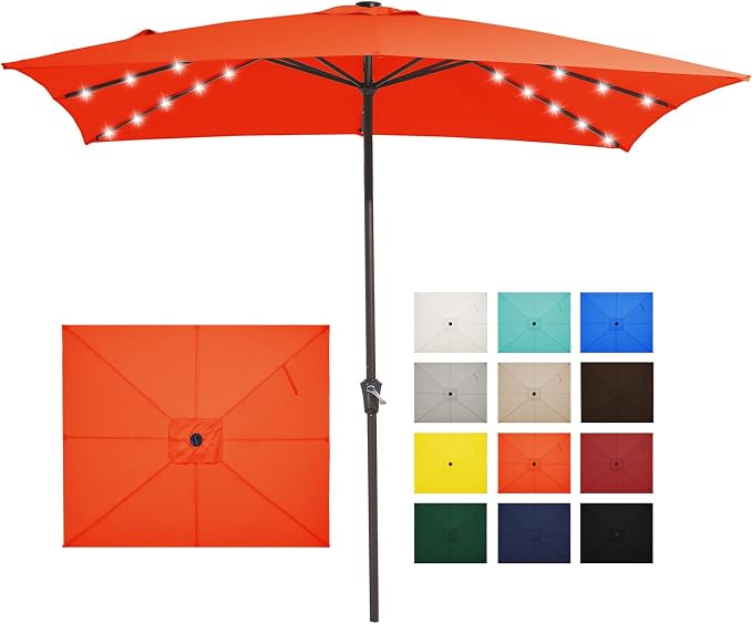 JEAREY 8x10' Rectangle LED Lighted Umbrella Patio Umbrella Outdoor w/Crank | Solar Market Umbrellas with 8 Sturdy Ribs, UV Protection Waterproof Sunproof for Pool, Deck, Backyard(Orange)