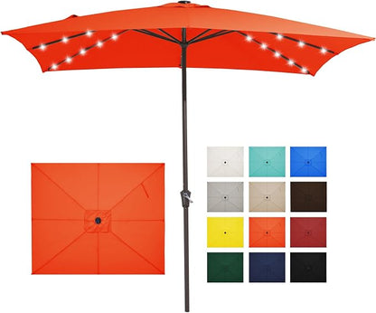 JEAREY 8x10' Rectangle LED Lighted Umbrella Patio Umbrella Outdoor w/Crank | Solar Market Umbrellas with 8 Sturdy Ribs, UV Protection Waterproof Sunproof for Pool, Deck, Backyard(Orange)