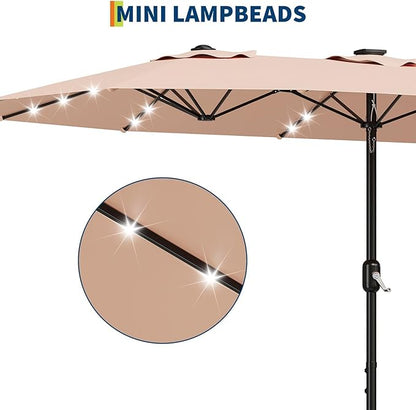 15FT Outdoor Patio Umbrella,Double-Sided Rectangle Market Umbrella with 36 LED Solar Lights & Base,UV50+ Weather-Resistant Oversized Outdoor Umbrella,Crank Lift,3-Way Shade for Pool,Garden,Backyard