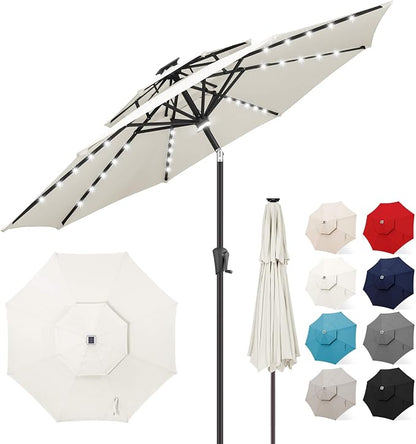 FLAME&SHADE Solar Patio Umbrella with Centre Light, 9FT 2 Tiers, Ivory | 40 LED Lights, UV Protection, Solar Outdoor Umbrella for Porch, Deck, Backyard, Garden, Provides Evening Lighting