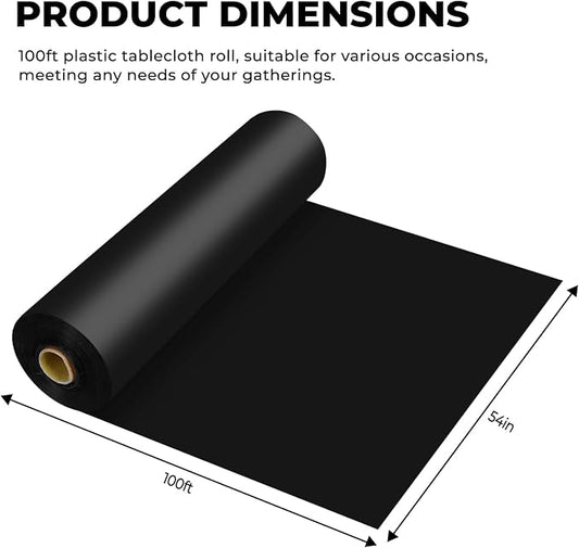 54 Inch X 100 Feet Plastic Table Cover Roll Premium Disposable Plastic Tablecloth for All Type/Shape Tables | Picnic, Party, Banquet, Birthdays, Weddings (Black, 54 Inch X 100 Feet)