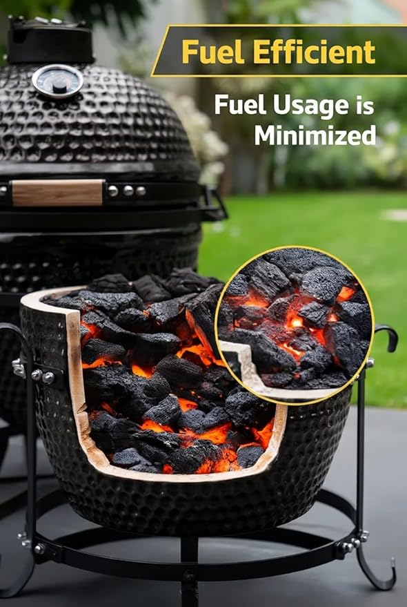 13-in W Kamado Grill with Built-in Thermometer, Oval Grill with Cast Iron Grates, Bamboo handle, Portable Ceramic Grills with Low Stand for Backyard, Patio, Deck grilling, Black