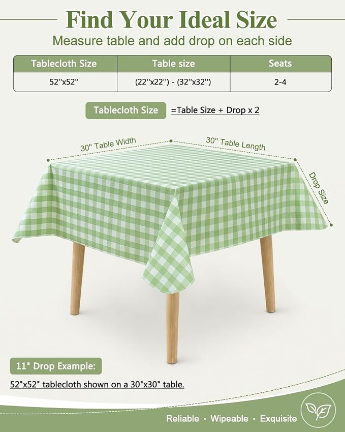 Seenus 52x52 Inch Flannel Backed Gingham Plastic Tablecloth for Square Table, Summer Light Green Checkered Square Tablecloth with Flannel Backing for Tea Party Card Table Patio Bistro