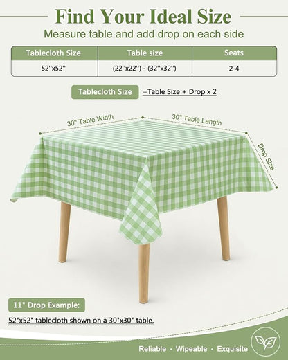 Seenus 52x52 Inch Flannel Backed Gingham Plastic Tablecloth for Square Table, Summer Light Green Checkered Square Tablecloth with Flannel Backing for Tea Party Card Table Patio Bistro